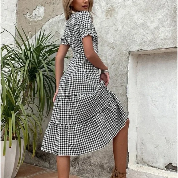 Classic Gingham Plaid Puff Sleeve Ruffle Hem Dress - Picture 2 of 6